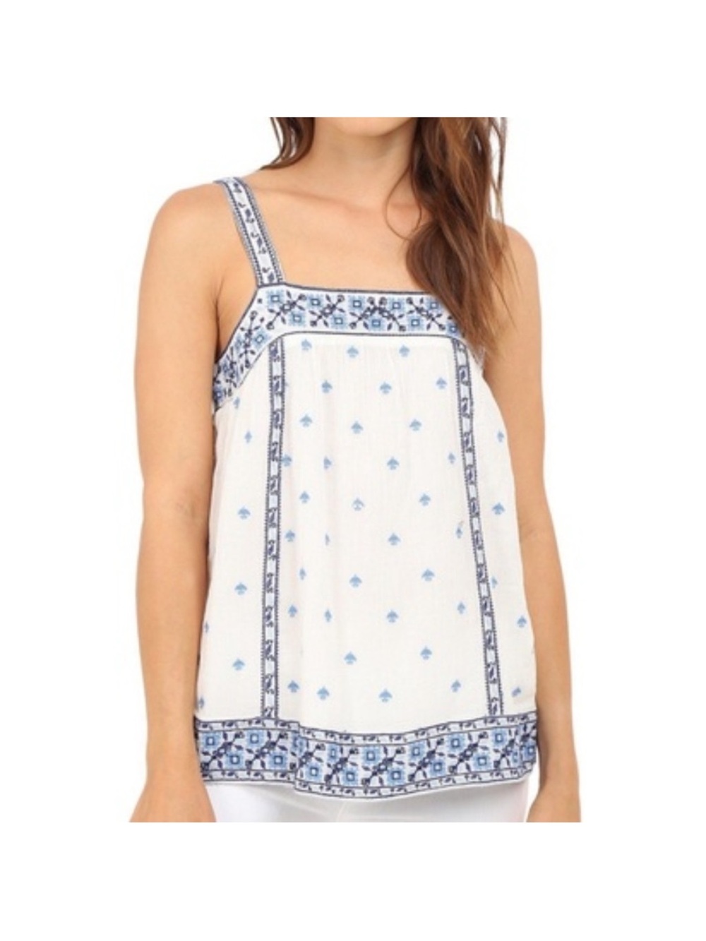 Joie White & Blue Embroidered Boho Square Neck Top Size Small 100% Cotton Lined